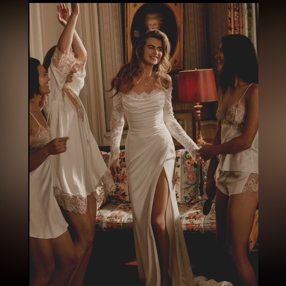 Brand New Long Sleeve Charmeuse Fit and Flare with Off-The-Shoulder Neckline